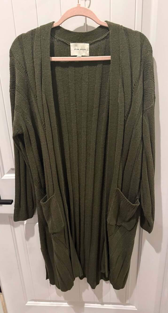 Pink Rose Cardigan Size L Olive Green Ribbed Open Front Long Duster